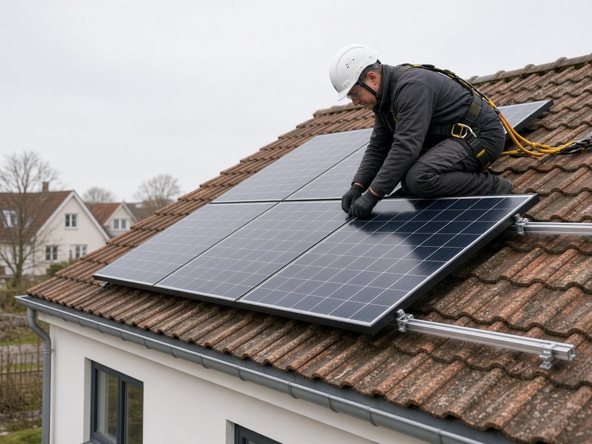 Tekniker installerer solcellepaneler på en bolig