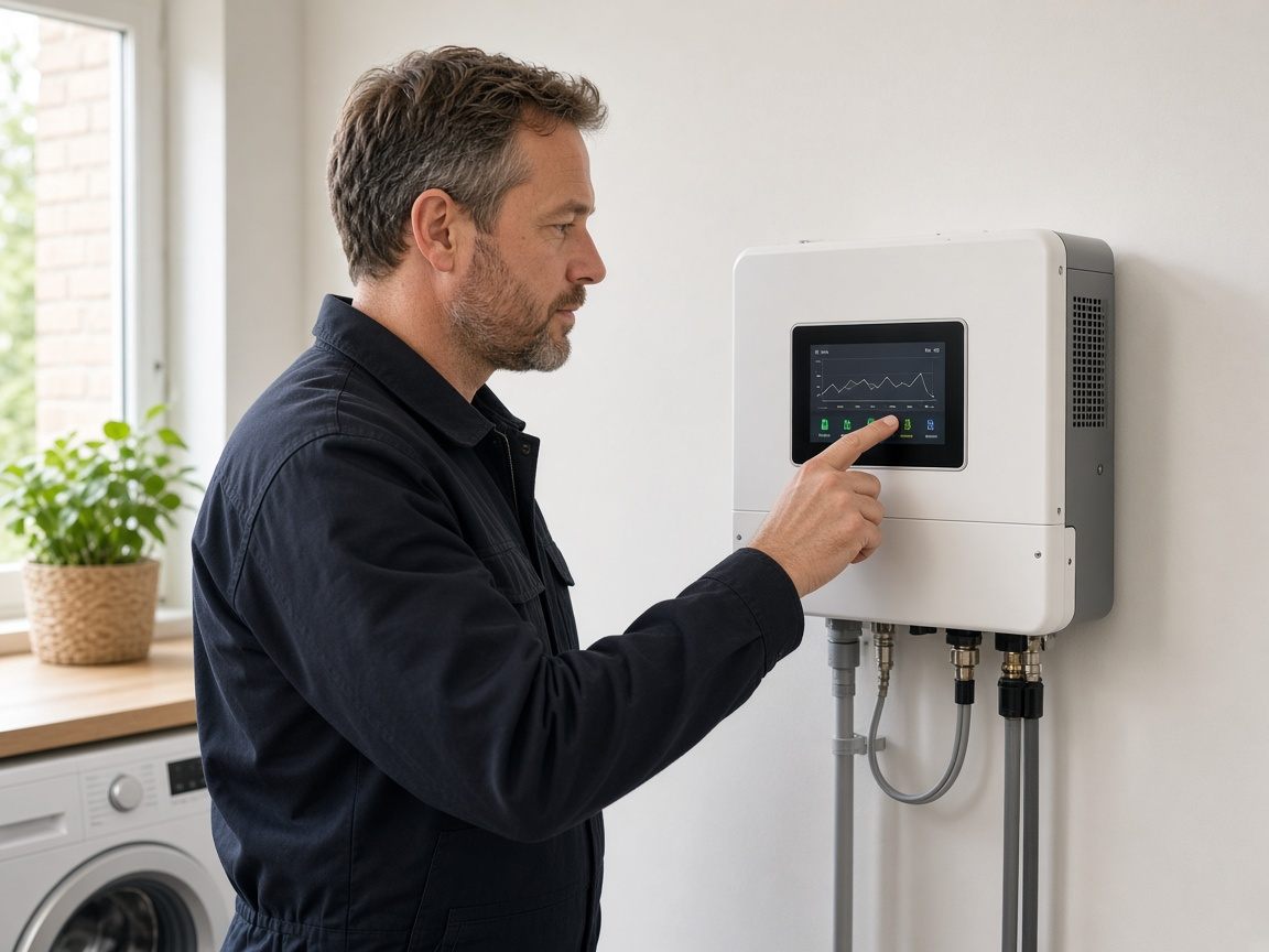 Tekniker kontrollerer inverter på et solcelleanlæg